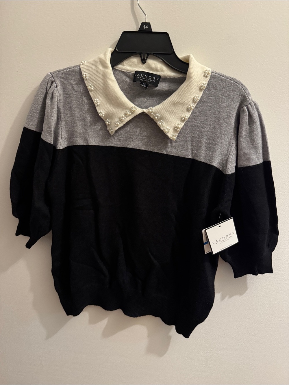 Laundry By Shelli Segal Black and Gray Sweater with Pearl-Trim Collar